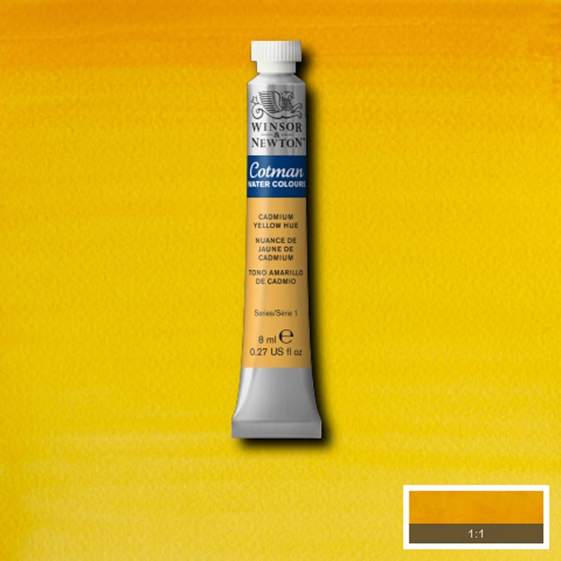 Tube of Cadmium Yellow Hue Winsor and Newton Cotman Water Colour with a paint swatch for the background