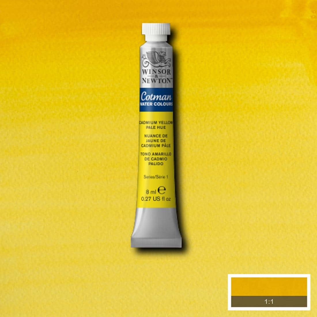 Tube of Cadmium Yellow Pale Hue Winsor and Newton Cotman Water Colour with a paint swatch for the background