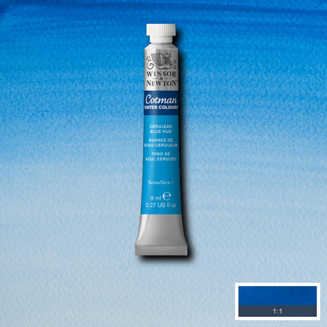 Tube of Cerulean Blue Hue Winsor and Newton Cotman Water Colour with a paint swatch for the background