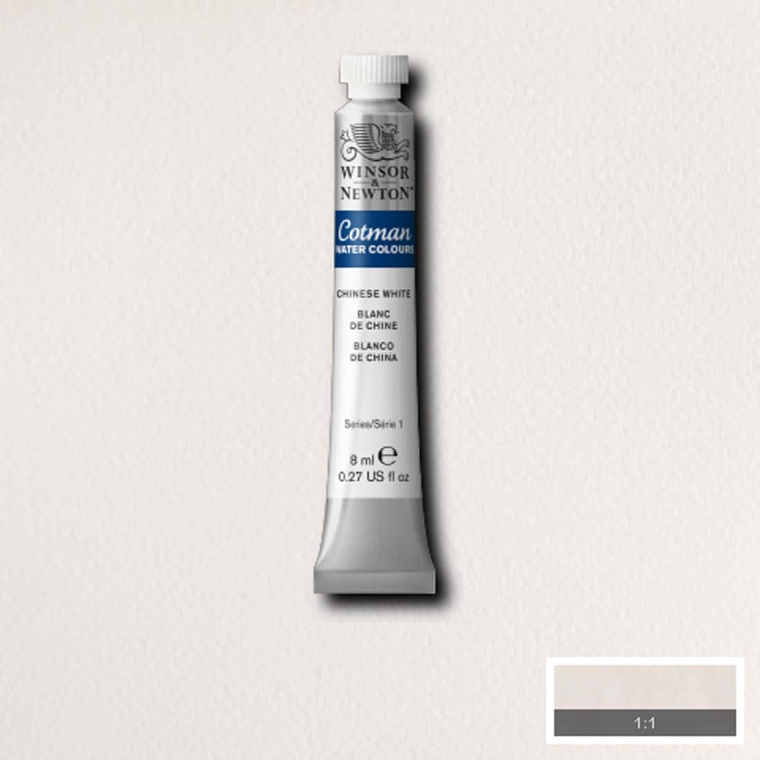 Tube of Chinese White Winsor and Newton Cotman Water Colour with a paint swatch for the background