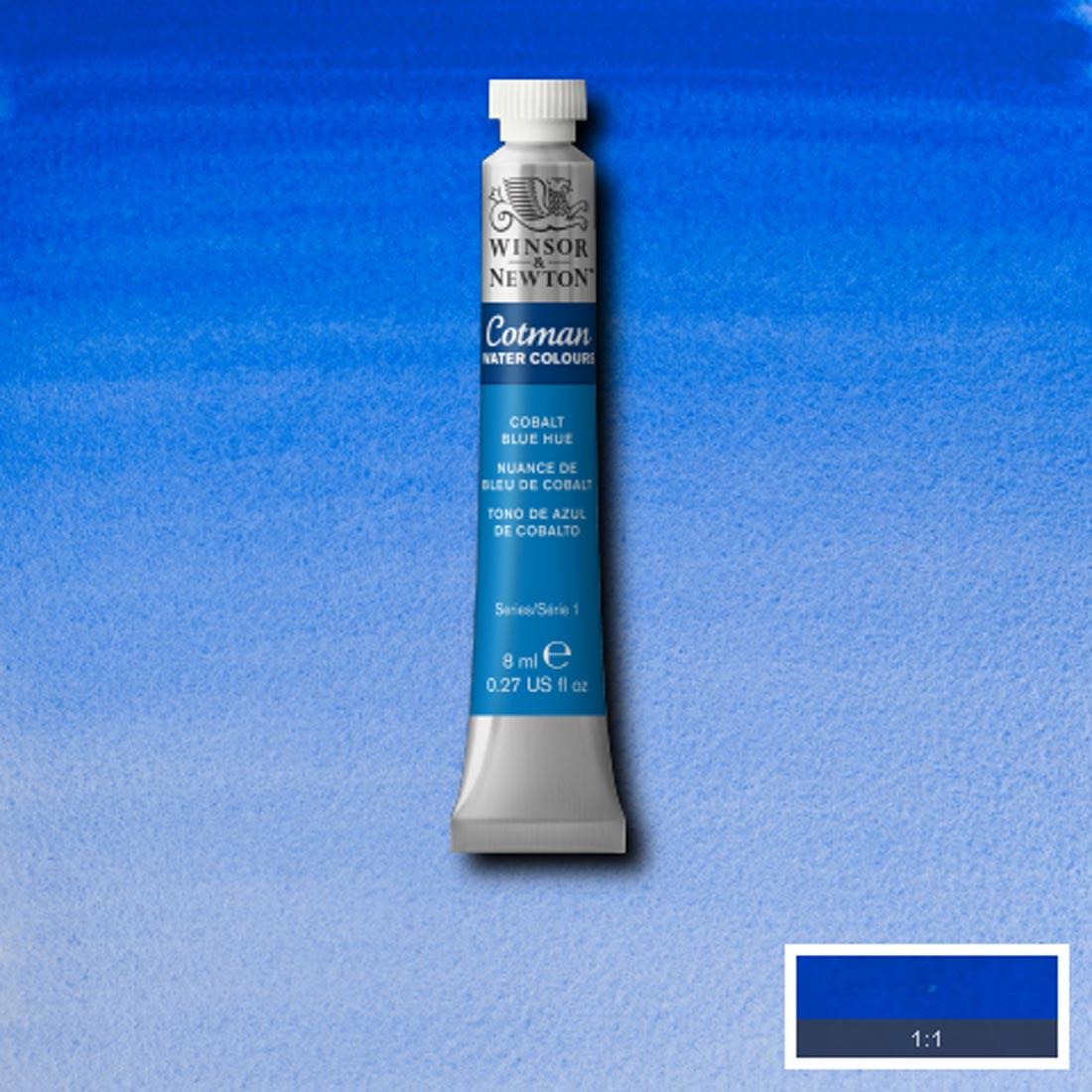 Tube of Cobalt Blue Hue Winsor and Newton Cotman Water Colour with a paint swatch for the background