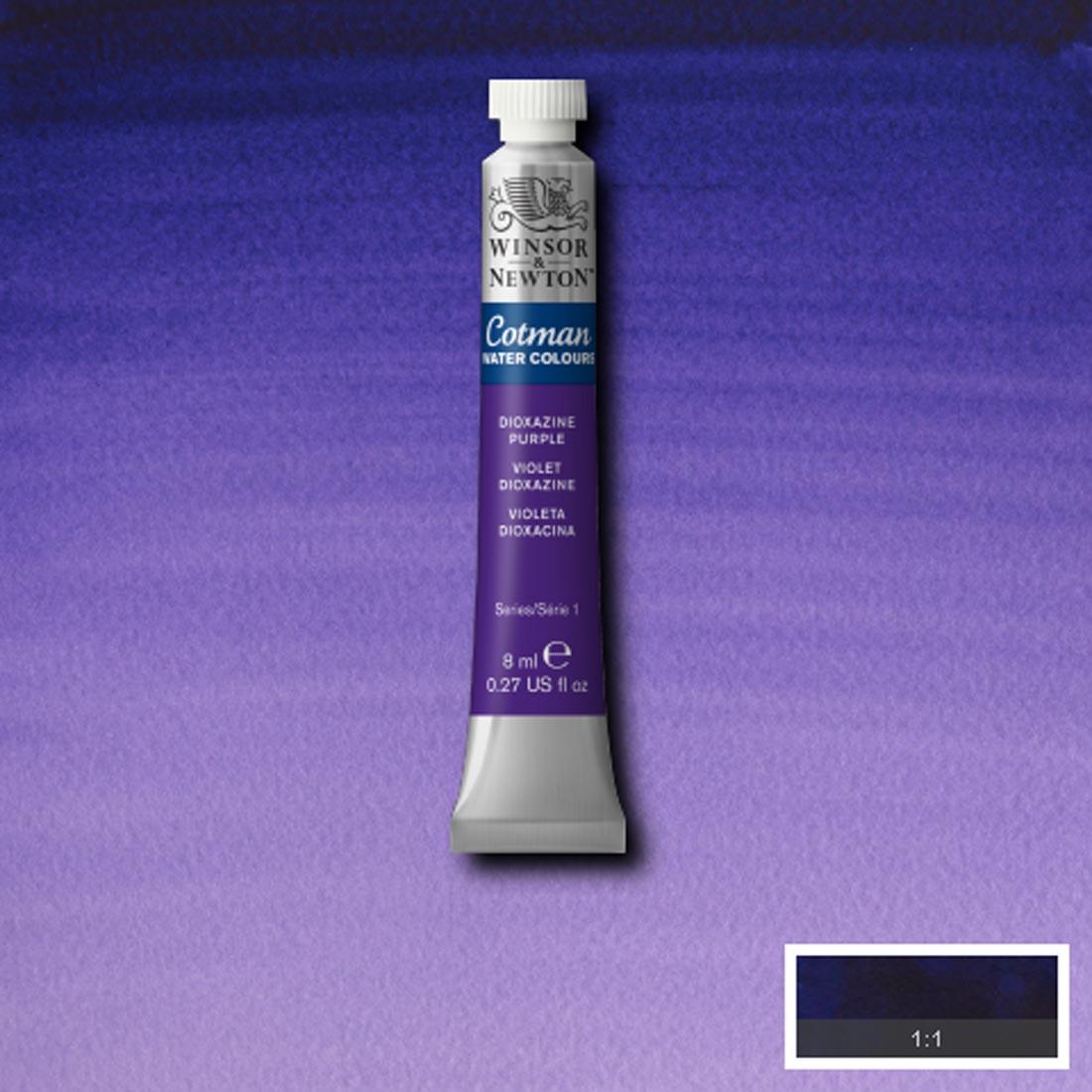 Tube of Dioxazine Purple Winsor & Newton Cotman Water Colour with a paint swatch for the background