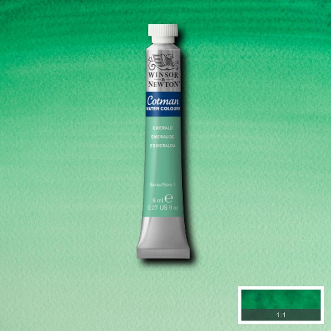 Tube of Emerald Winsor and Newton Cotman Water Colour with a paint swatch for the background