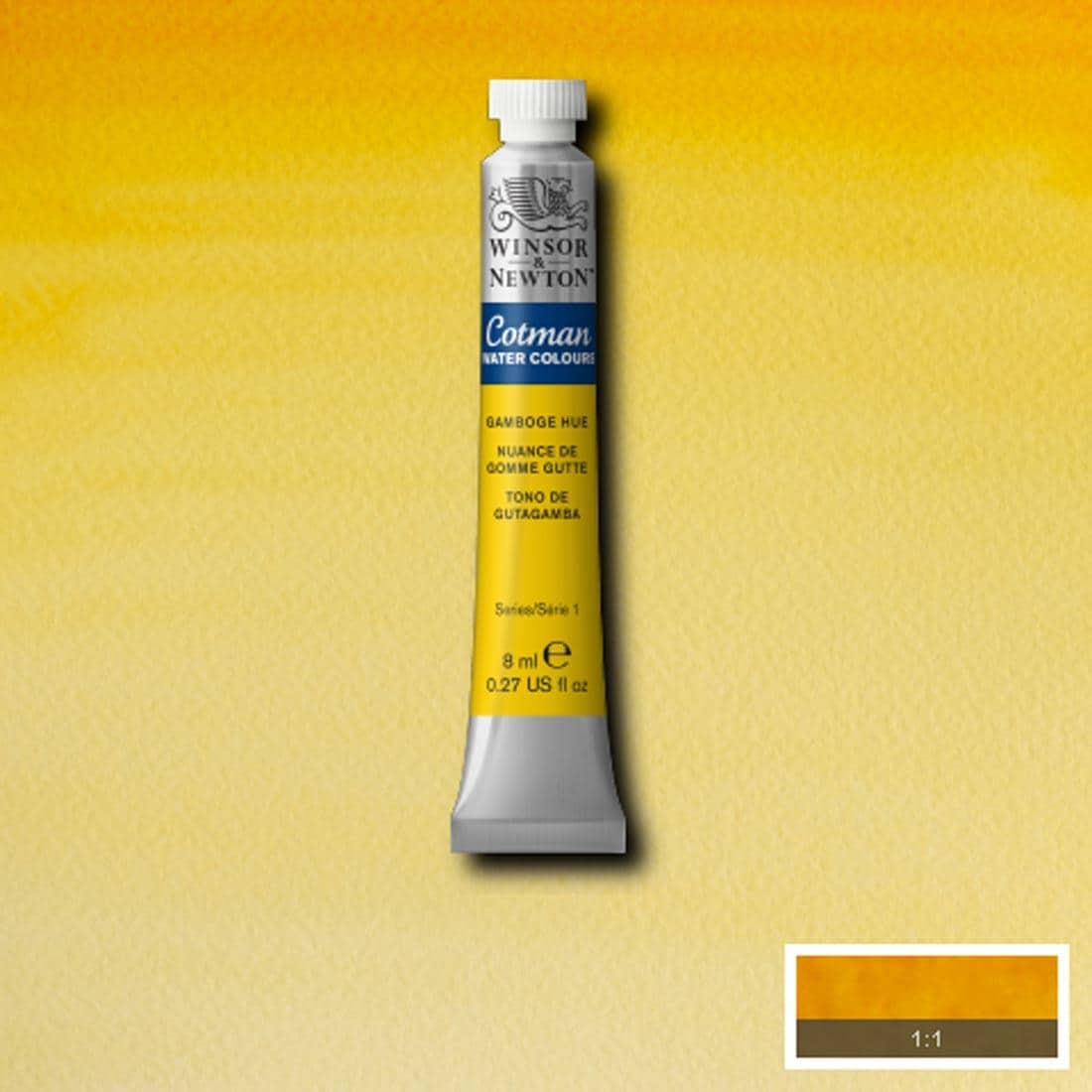 Tube of Gamboge Hue Winsor and Newton Cotman Water Colour with a paint swatch for the background