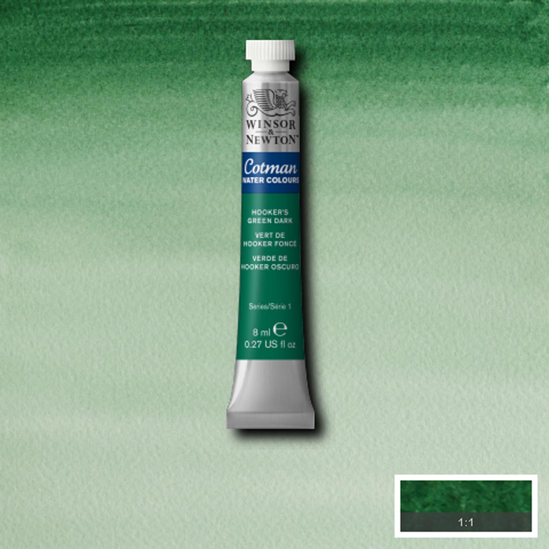 Tube of Hooker's Green Dark Winsor and Newton Cotman Water Colour with a paint swatch for the background