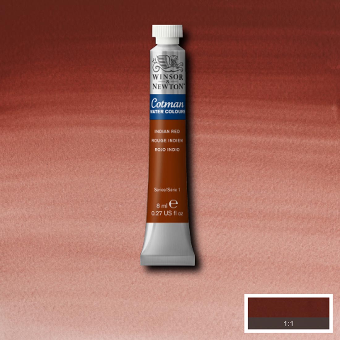 Tube of Indian Red Winsor and Newton Cotman Water Colour with a paint swatch for the background