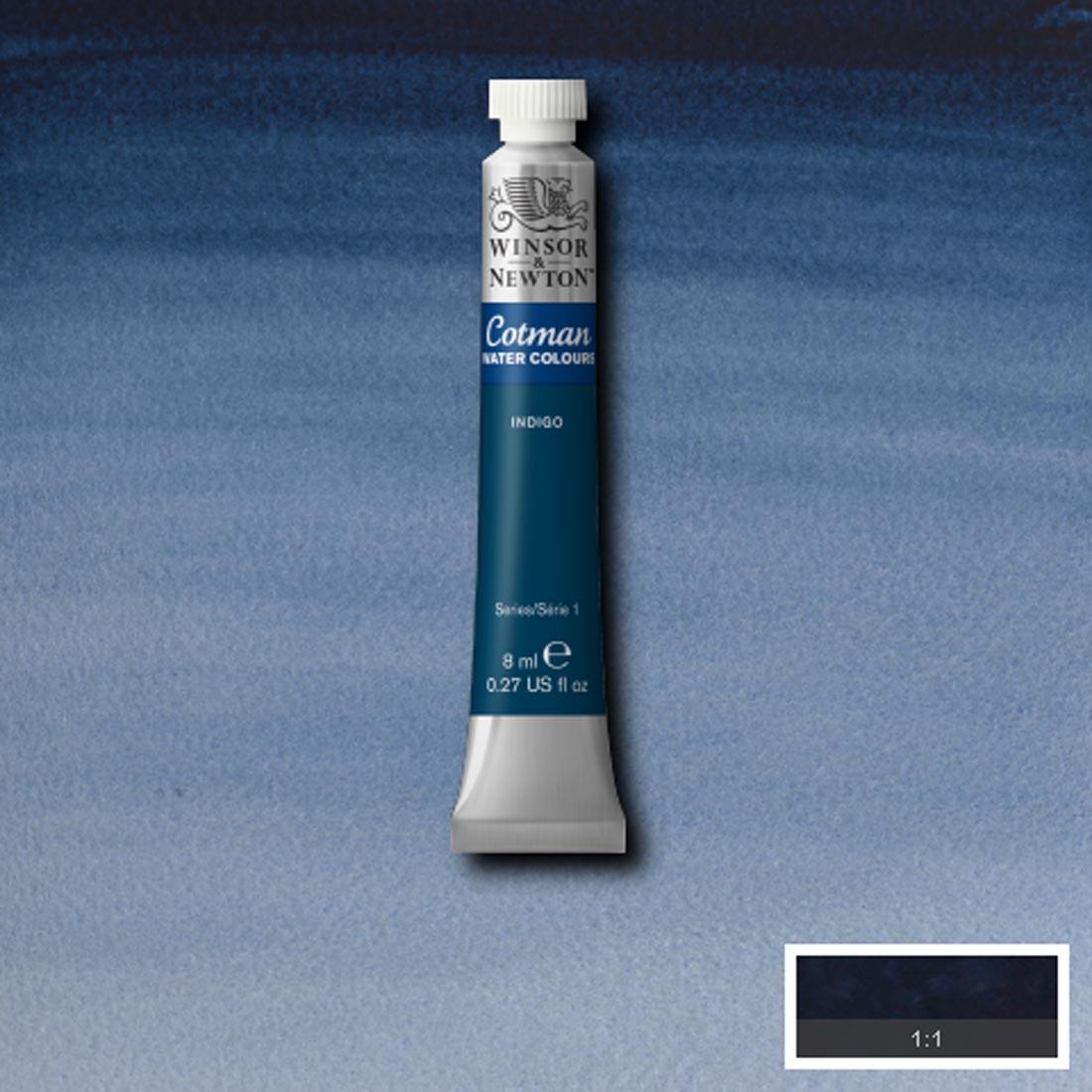 Tube of Indigo Winsor and Newton Cotman Water Colour with a paint swatch for the background