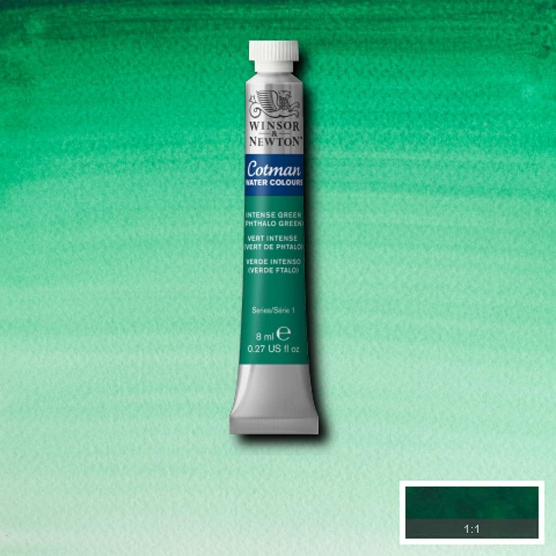 Tube of Intense Green (Phthalo Green) Winsor & Newton Cotman Water Colour with a paint swatch for the background