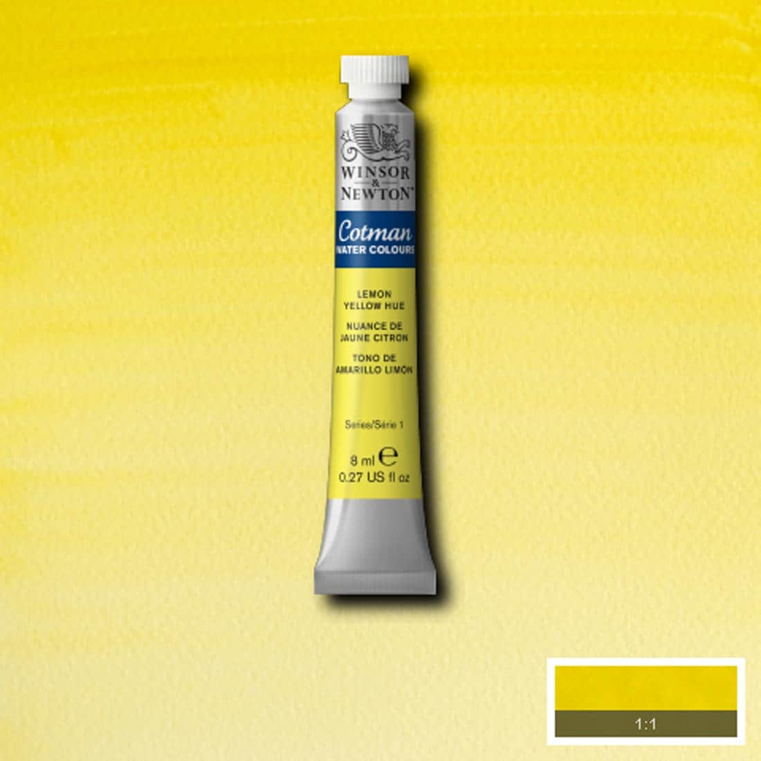 Tube of Lemon Yellow Hue Winsor and Newton Cotman Water Colour with a paint swatch for the background