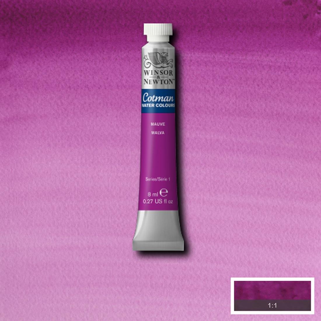 Tube of Mauve Winsor and Newton Cotman Water Colour with a paint swatch for the background