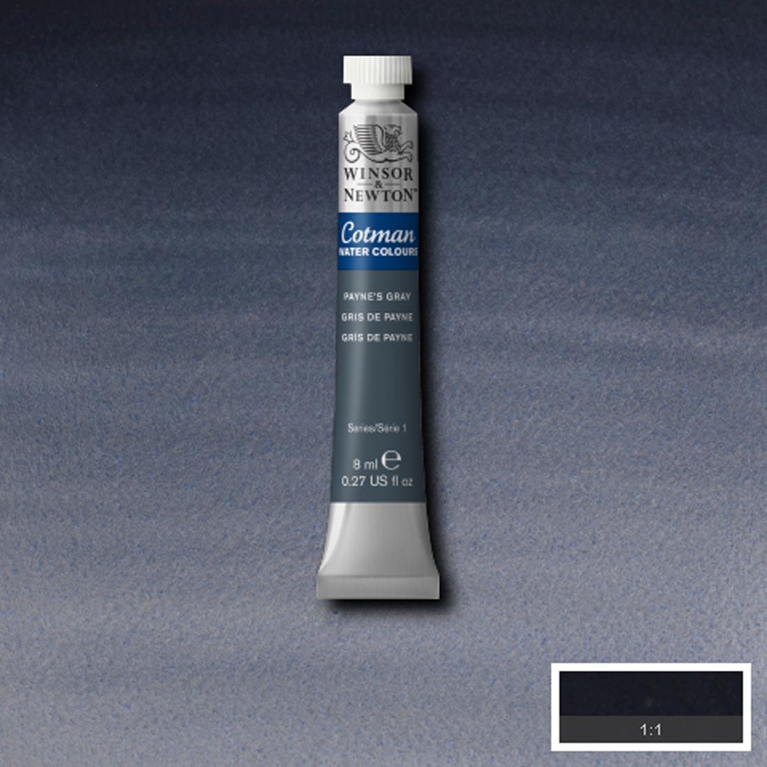 Tube of Payne's Gray Winsor and Newton Cotman Water Colour with a paint swatch for the background