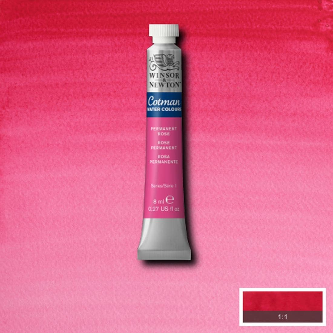 Tube of Permanent Rose Winsor and Newton Cotman Water Colour with a paint swatch for the background