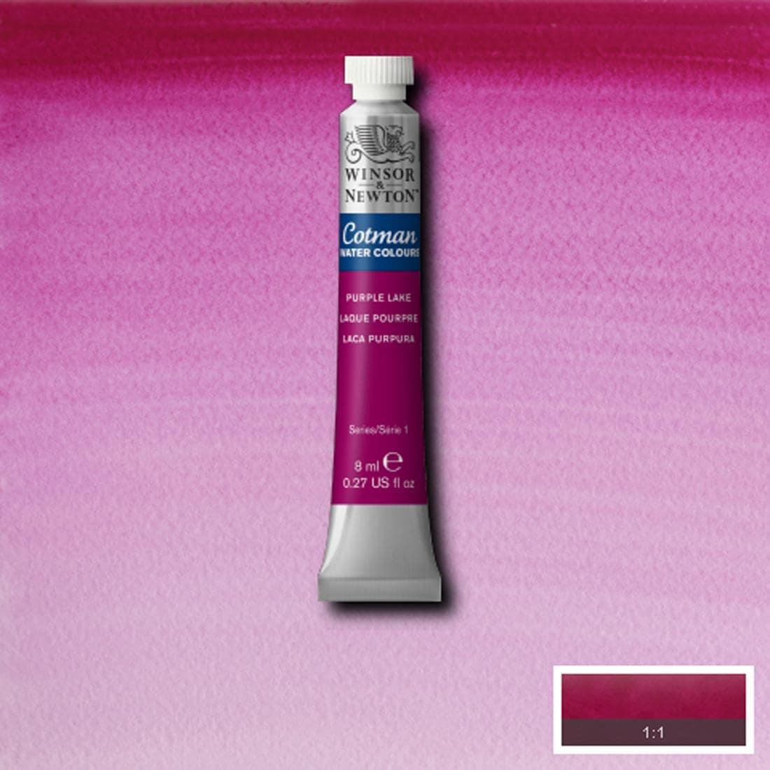 Tube of Purple Lake Winsor and Newton Cotman Water Colour with a paint swatch for the background