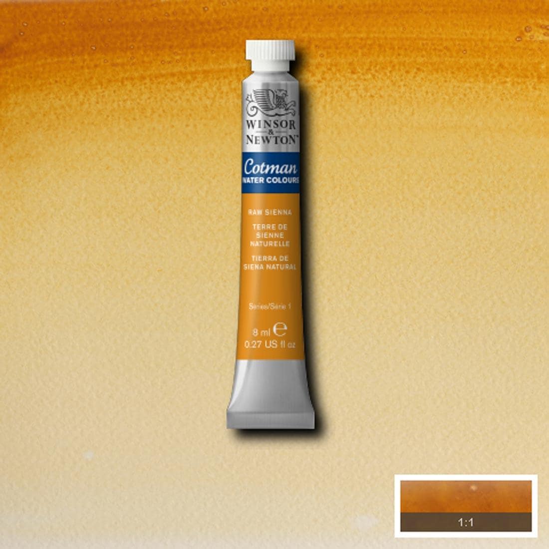 Tube of Raw Sienna Winsor and Newton Cotman Water Colour with a paint swatch for the background