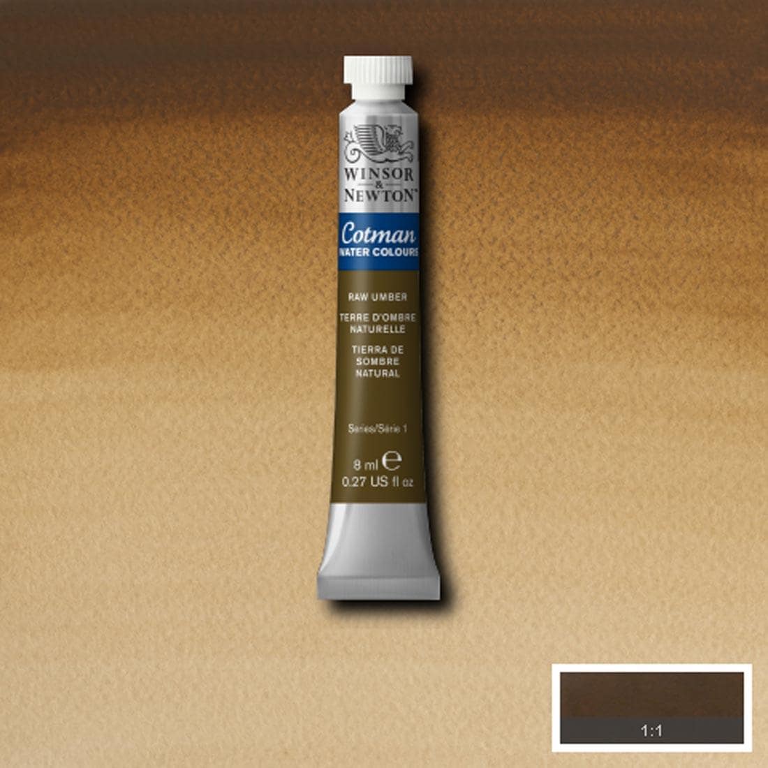 Tube of Raw Umber Winsor and Newton Cotman Water Colour with a paint swatch for the background