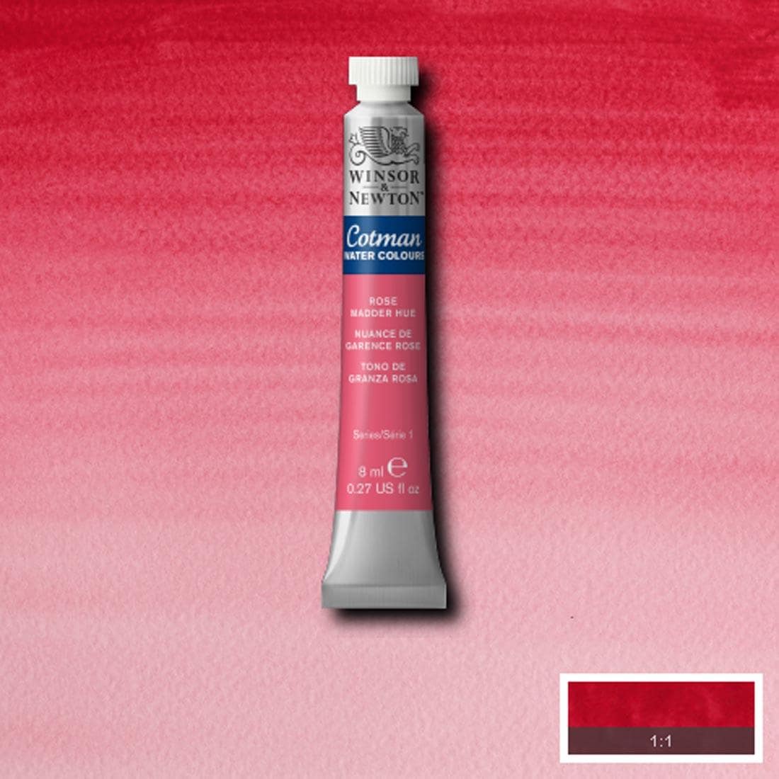 Tube of Rose Madder Hue Winsor and Newton Cotman Water Colour with a paint swatch for the background