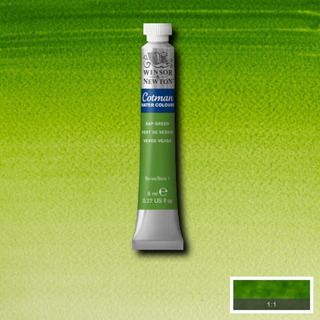 Tube of Sap Green Winsor and Newton Cotman Water Colour with a paint swatch for the background
