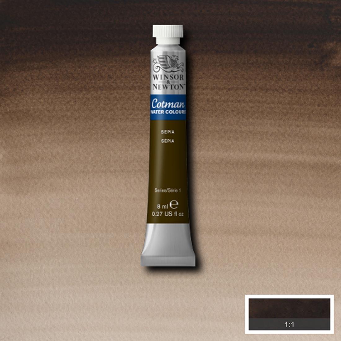 Tube of Sepia Winsor and Newton Cotman Water Colour with a paint swatch for the background