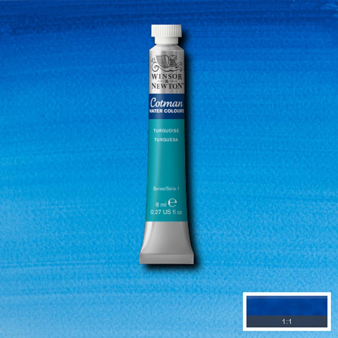 Tube of Turquoise Winsor and Newton Cotman Water Colour with a paint swatch for the background