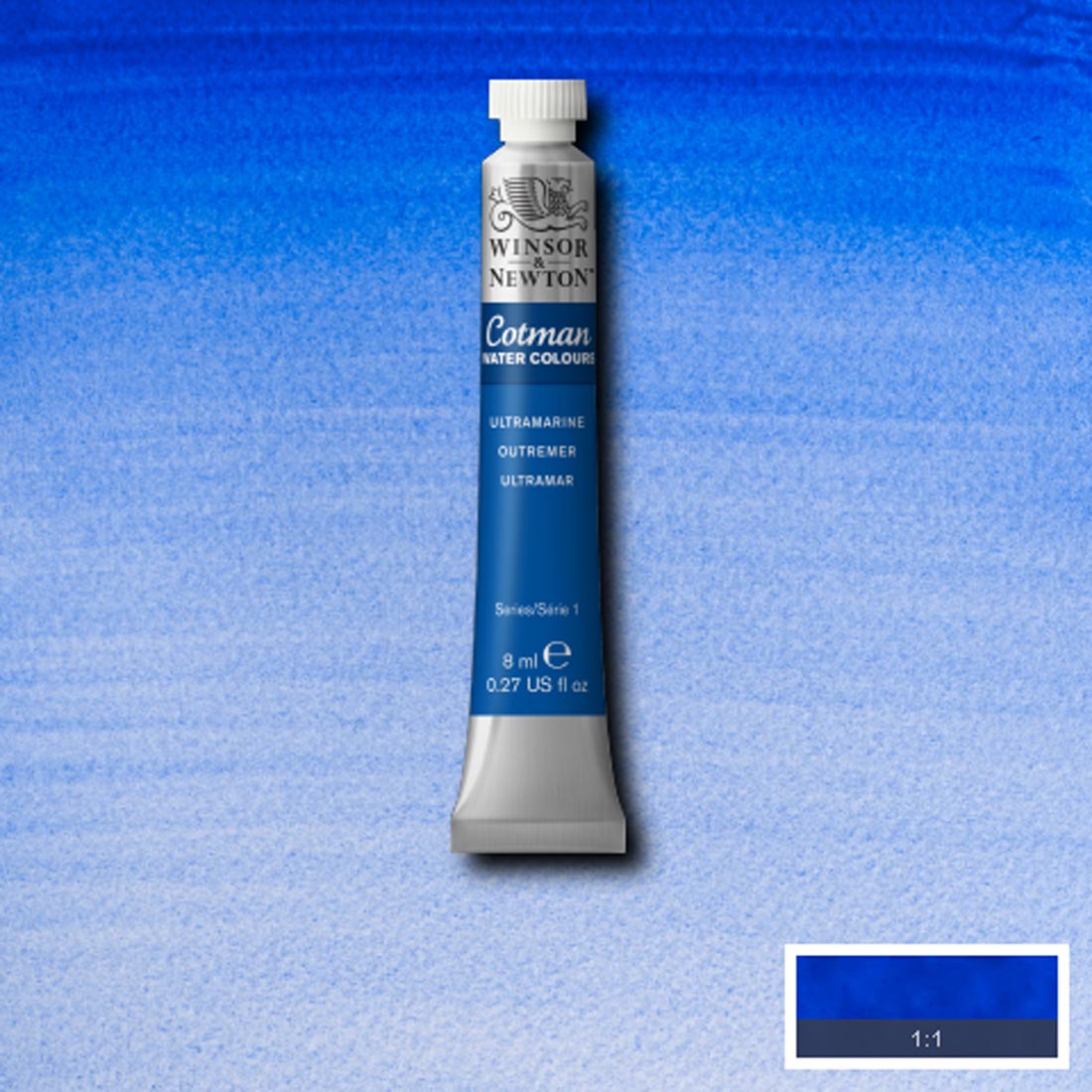 Tube of Ultramarine Winsor and Newton Cotman Water Colour with a paint swatch for the background