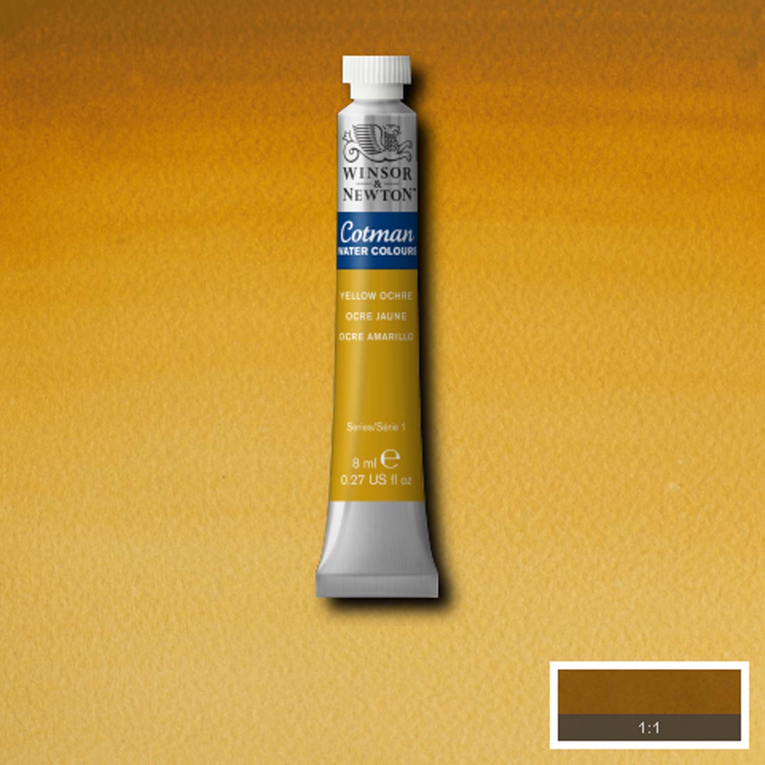 Tube of Yellow Ochre Hue Winsor and Newton Cotman Water Colour with a paint swatch for the background