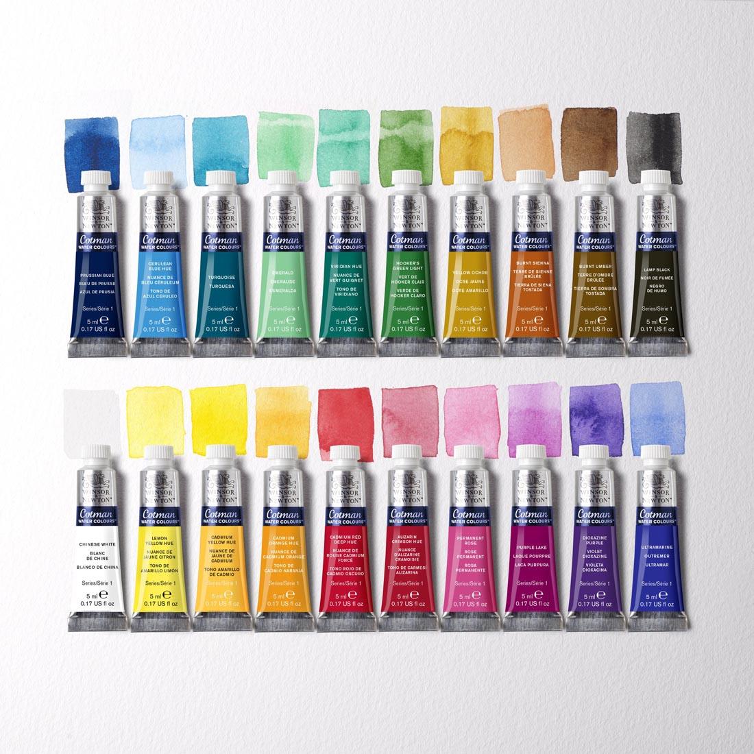 Tubes of paint in Winsor & Newton Cotman Water Colour 20-Tube Set with color swatches