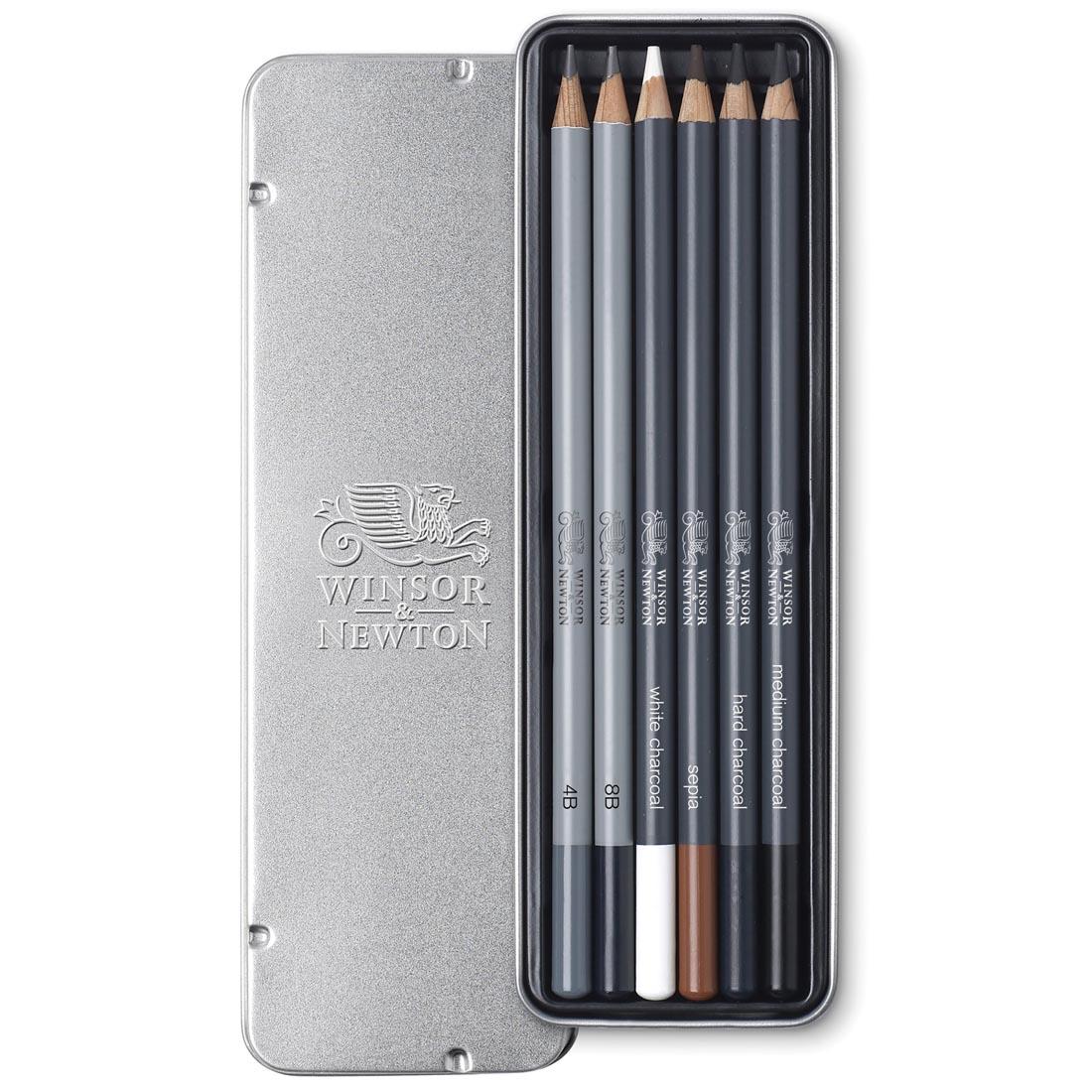 pencils from Winsor & Newton Studio Collection Sketching Pencils 6-Piece Set shown inside tin