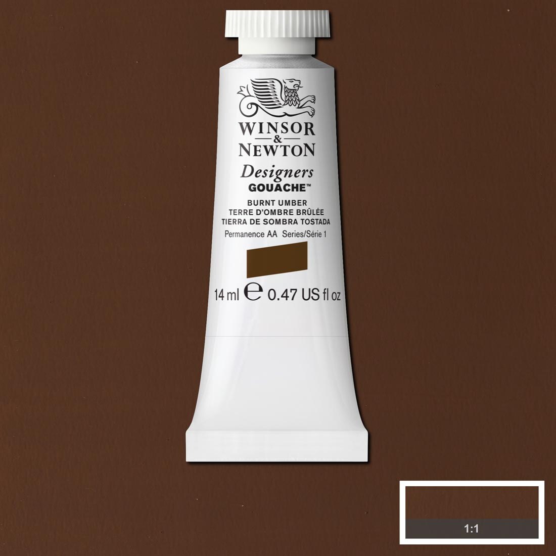 Tube of Burnt Umber Winsor & Newton Designers Gouache with a paint swatch for the background