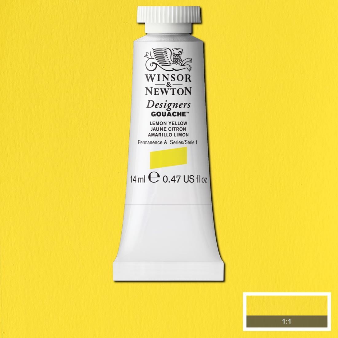 Tube of Lemon Yellow Winsor & Newton Designers Gouache with a paint swatch for the background