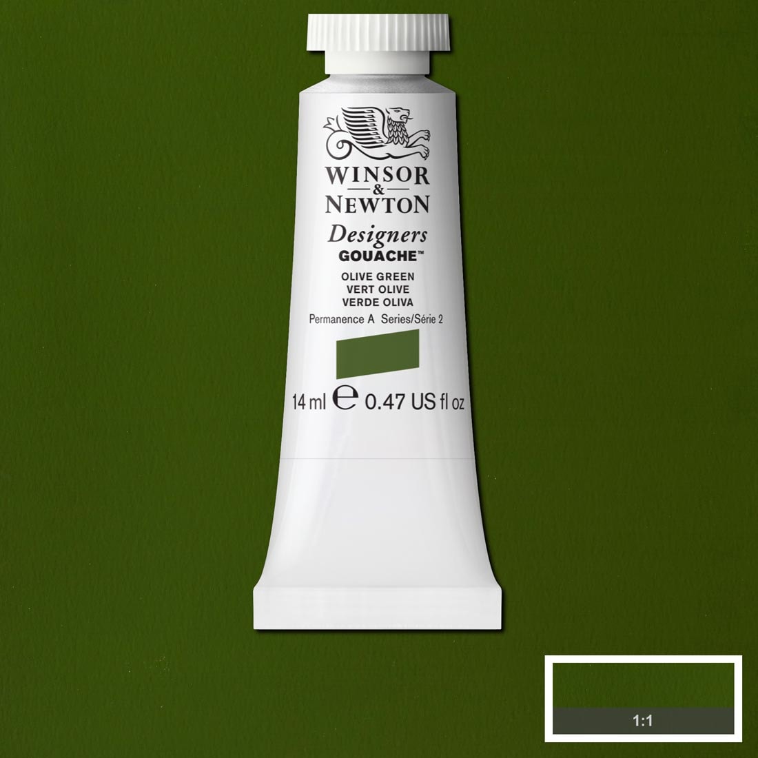 Tube of Olive Green Winsor & Newton Designers Gouache with a paint swatch for the background