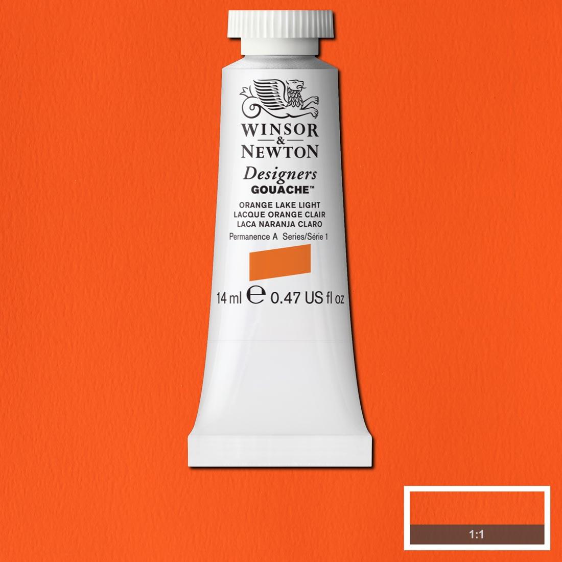 Tube of Orange Lake Light Winsor & Newton Designers Gouache with a paint swatch for the background