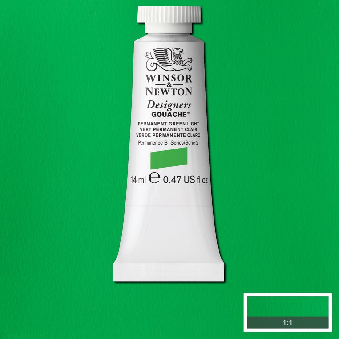 Tube of Permanent Green Light Winsor & Newton Designers Gouache with a paint swatch for the background