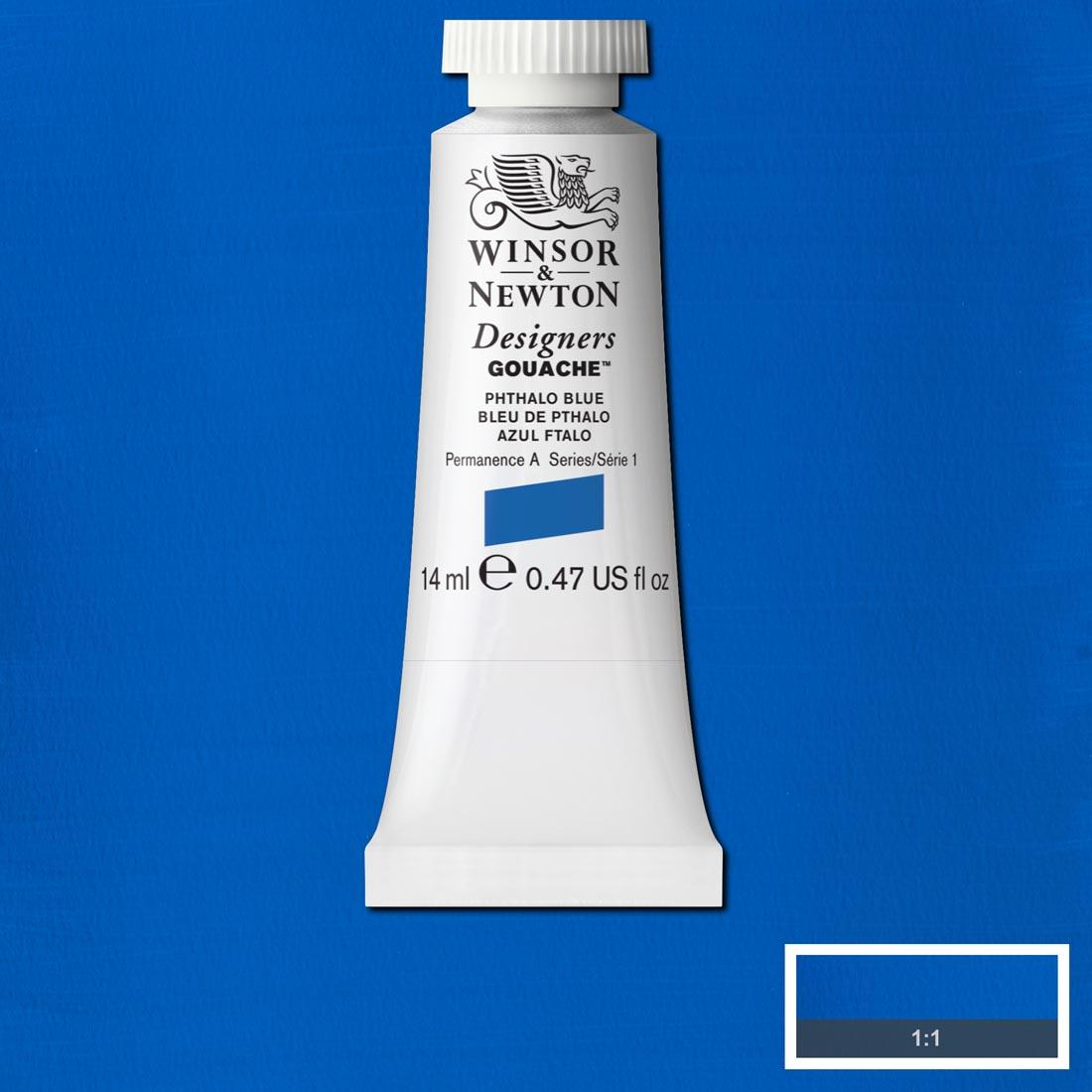 Tube of Phthalo Blue Winsor & Newton Designers Gouache with a paint swatch for the background