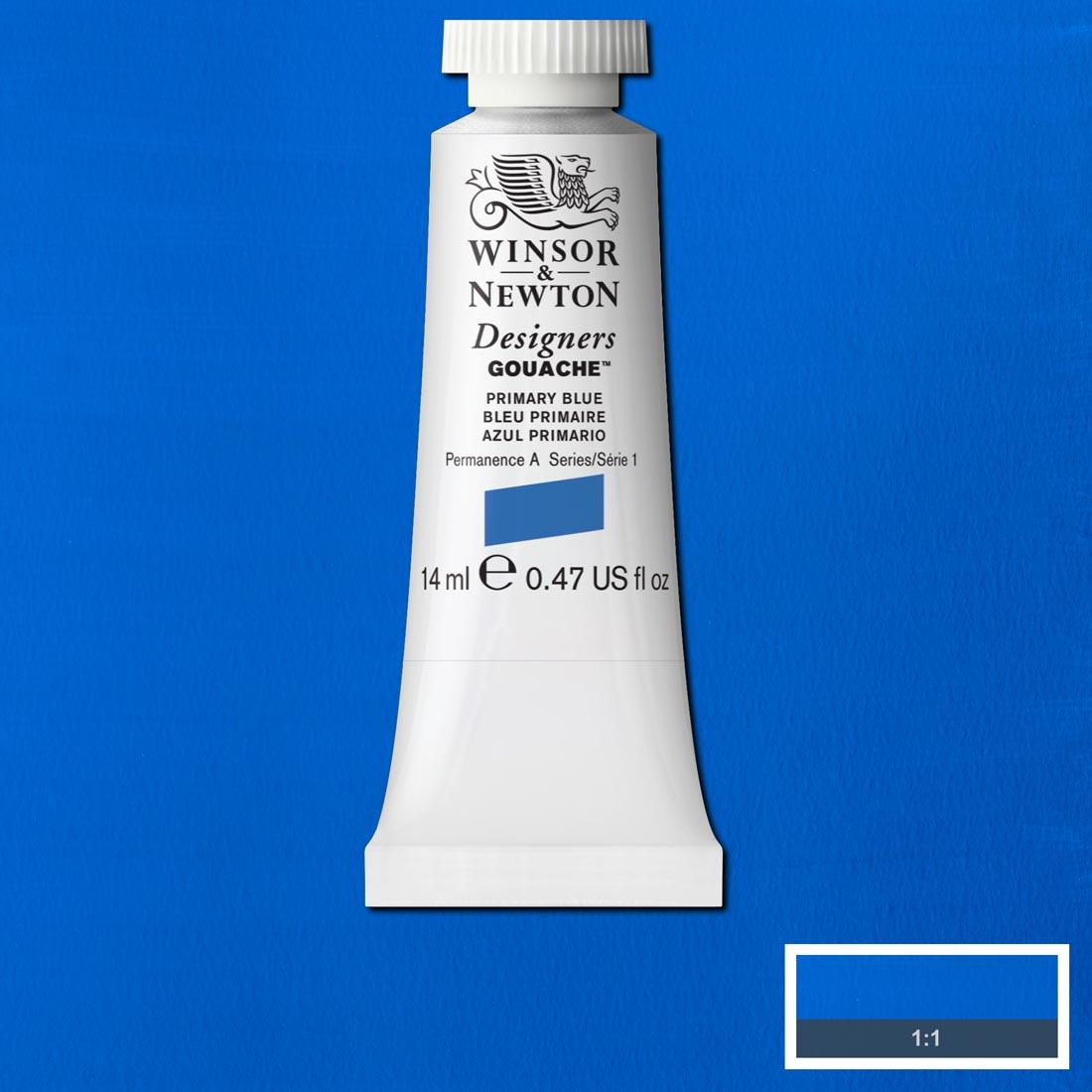 Tube of Primary Blue Winsor & Newton Designers Gouache with a paint swatch for the background