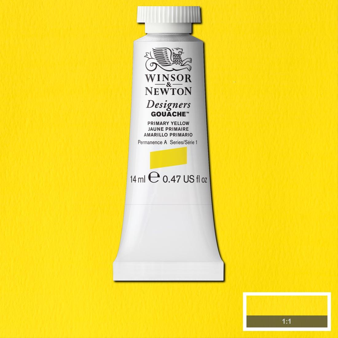 Tube of Primary Yellow Winsor & Newton Designers Gouache with a paint swatch for the background