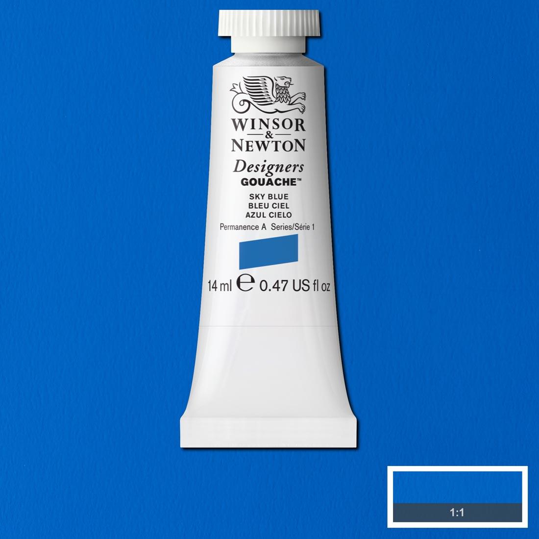 Tube of Sky Blue Winsor & Newton Designers Gouache with a paint swatch for the background