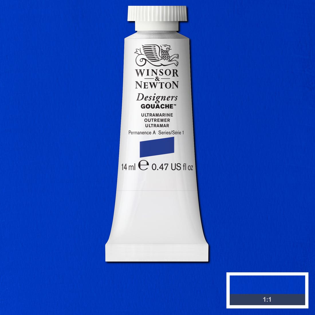 Tube of Ultramarine Winsor & Newton Designers Gouache with a paint swatch for the background