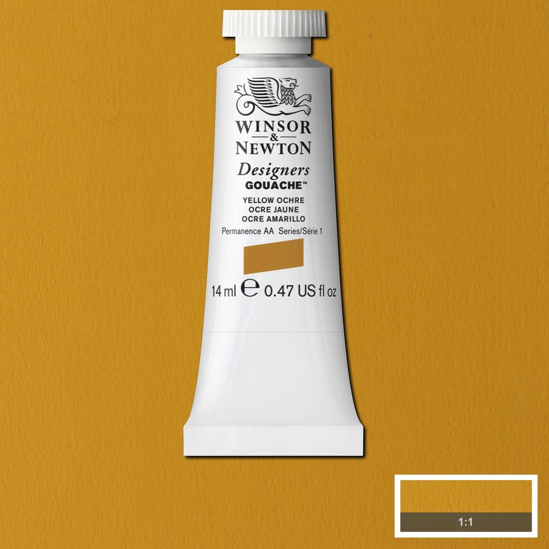 Tube of Yellow Ochre Winsor & Newton Designers Gouache with a paint swatch for the background