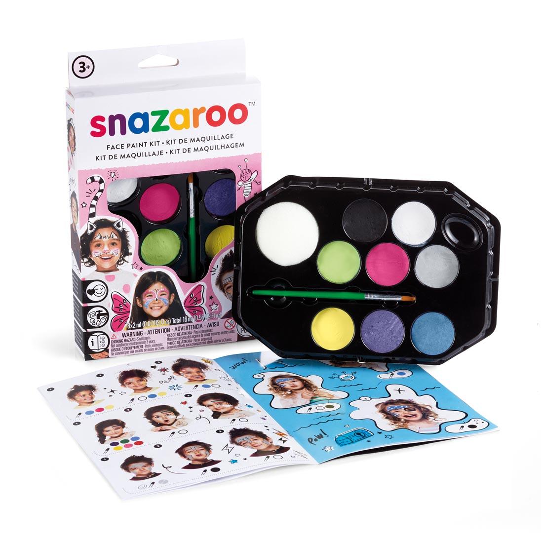Pink box of Snazaroo Face Paint Kit, with paint palette and idea guide shown outside of box