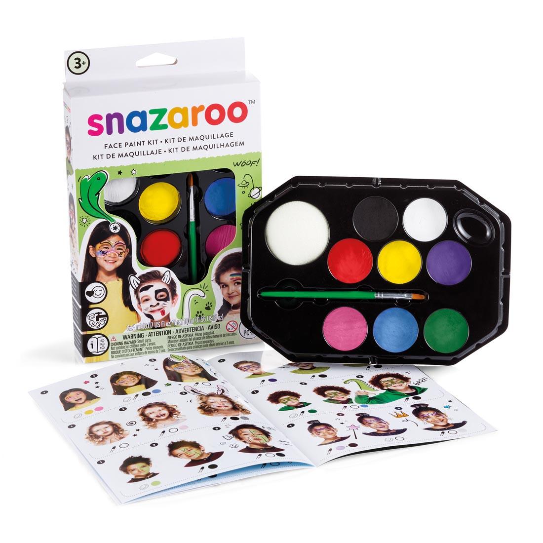 Green box of Snazaroo Face Paint Kit, with paint palette and idea guide shown outside of box