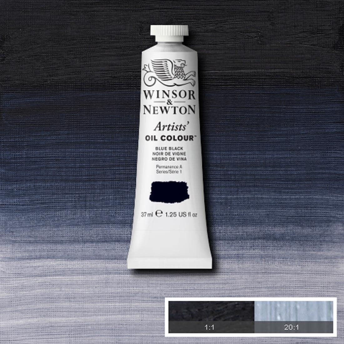 Tube of Blue Black Winsor & Newton Artists' Oil Colour with a paint swatch for the background