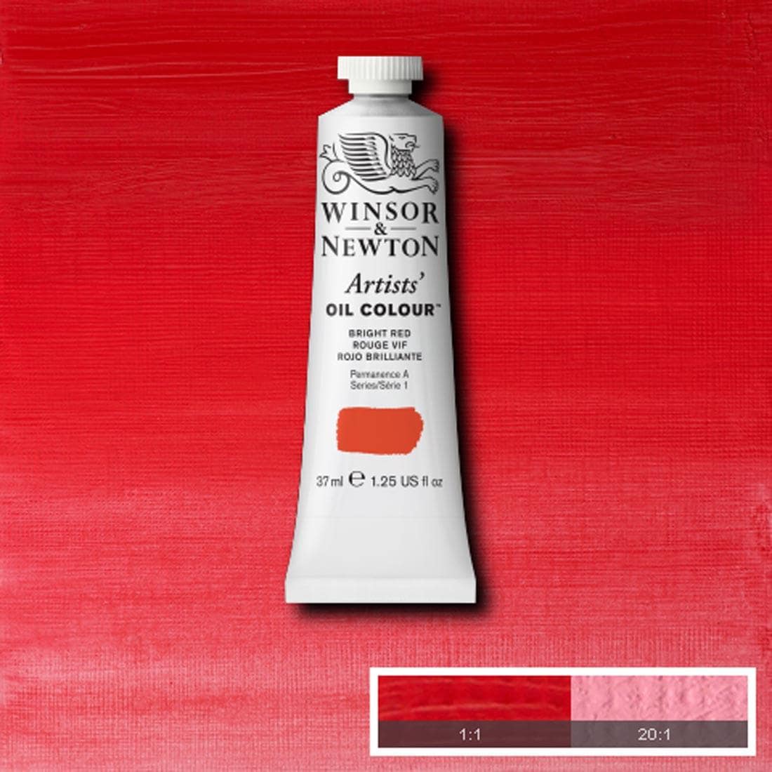 Tube of Bright Red Winsor & Newton Artists' Oil Colour with a paint swatch for the background