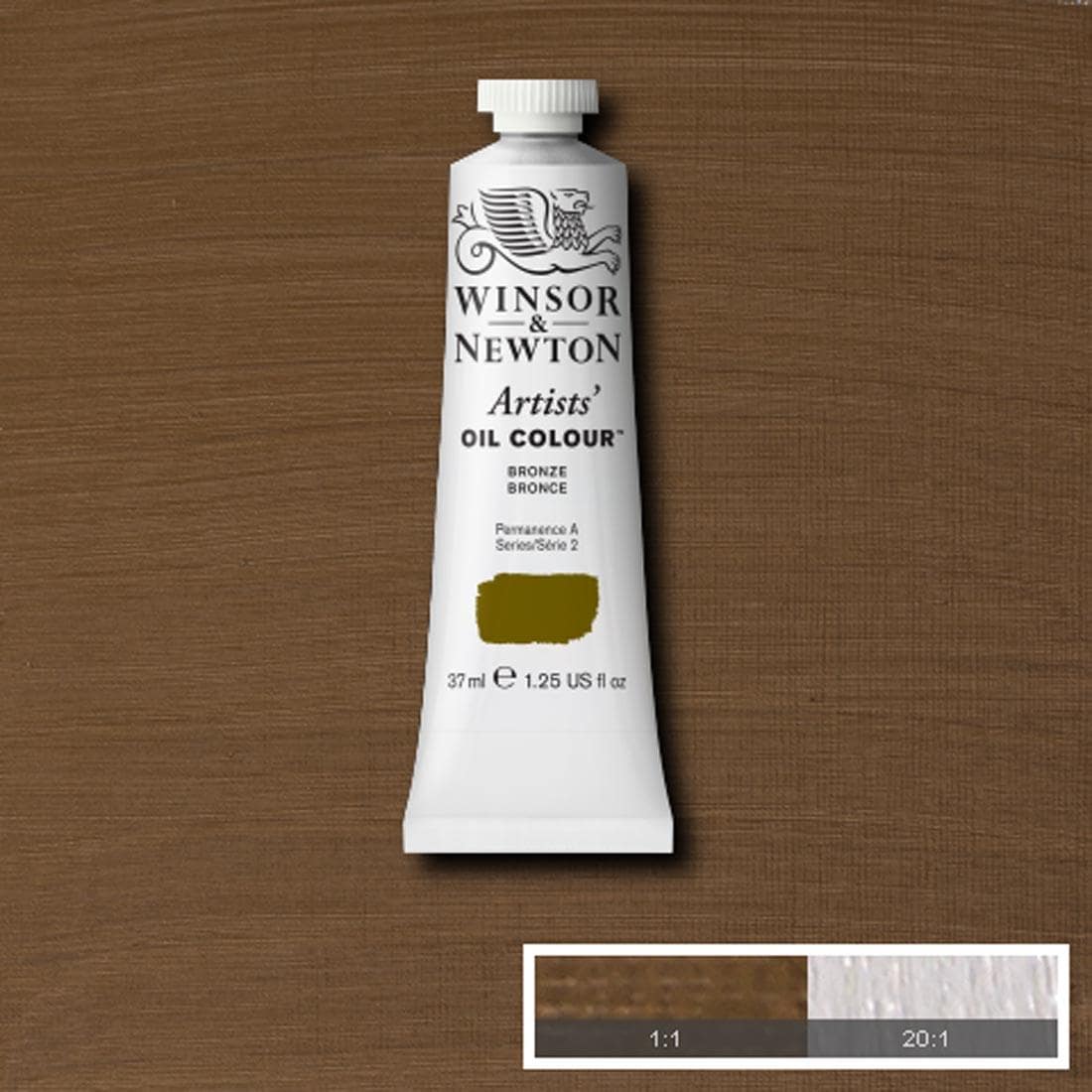 Tube of Bronze Winsor & Newton Artists' Oil Colour with a paint swatch for the background