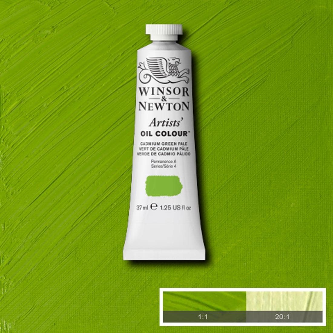 Tube of Cadmium Green Pale Winsor & Newton Artists' Oil Colour with a paint swatch for the background