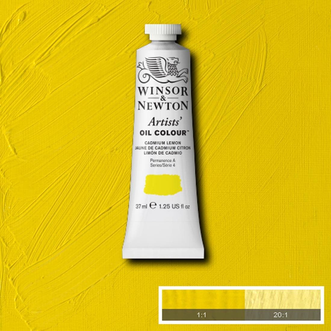 Tube of Cadmium Lemon Winsor & Newton Artists' Oil Colour with a paint swatch for the background