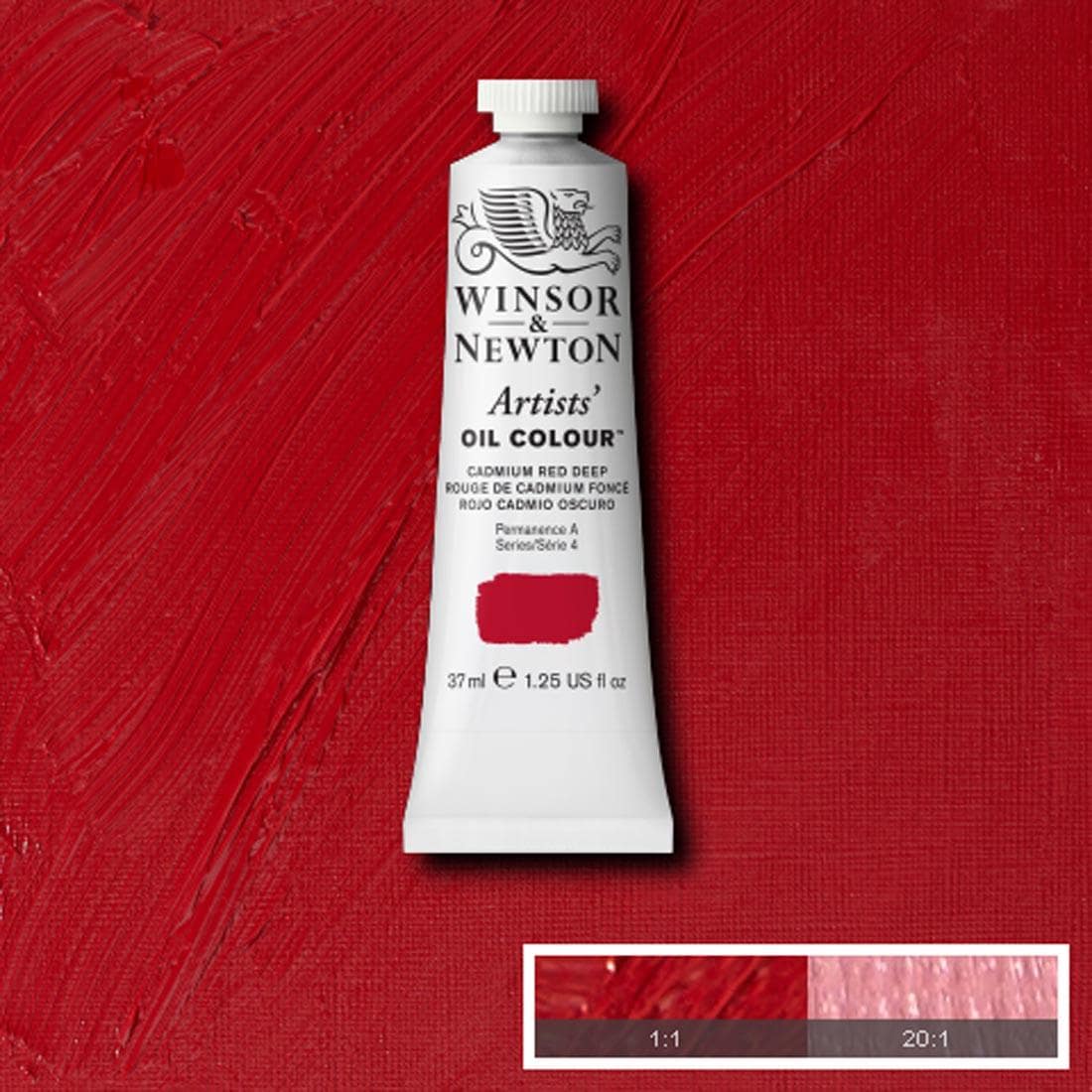 Tube of Cadmium Red Deep Winsor & Newton Artists' Oil Colour with a paint swatch for the background