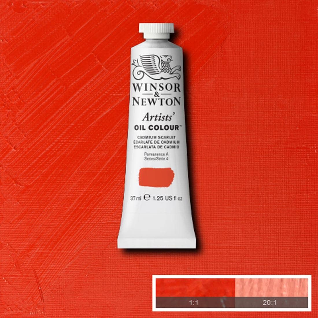 Tube of Cadmium Scarlet Winsor & Newton Artists' Oil Colour with a paint swatch for the background