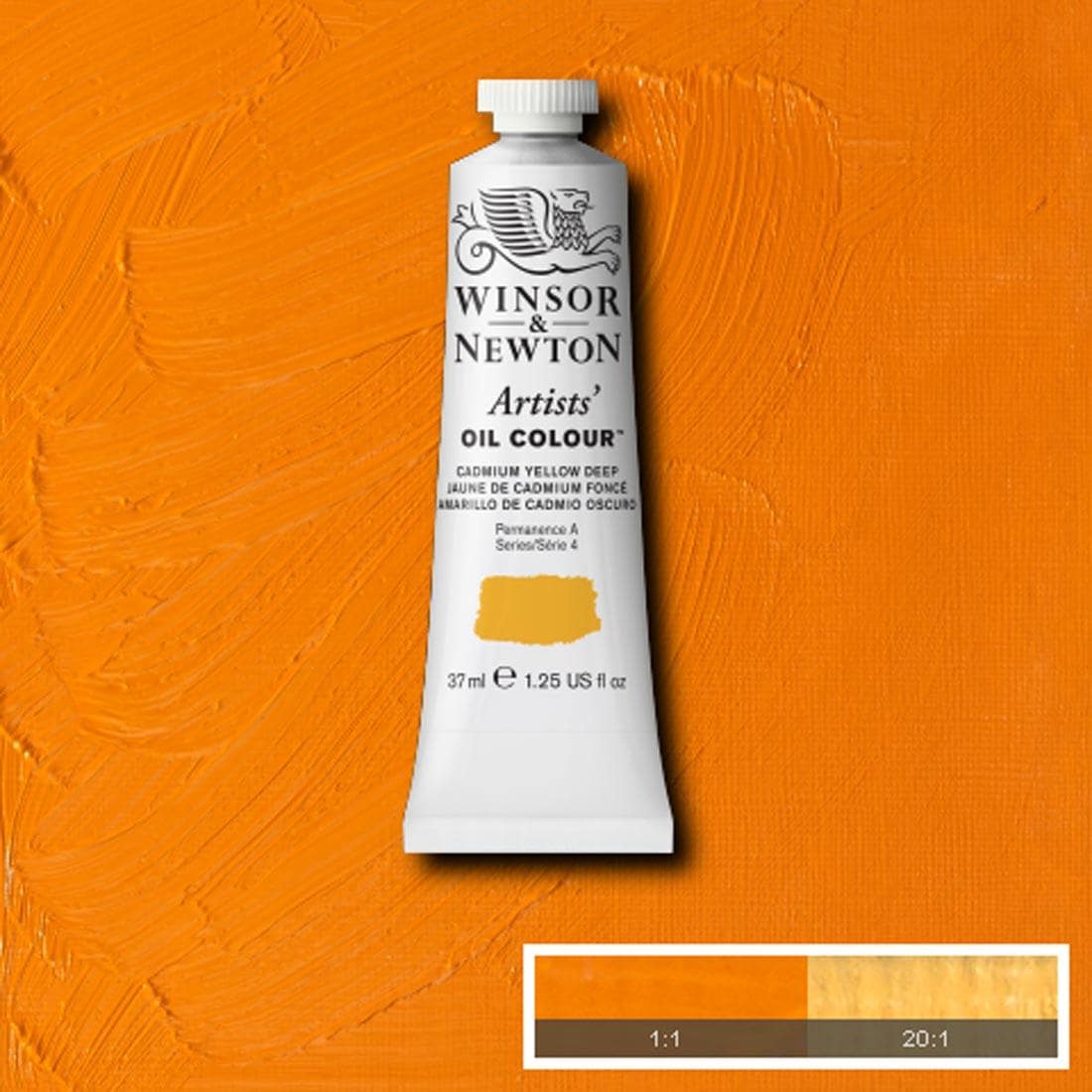 Tube of Cadmium Yellow Deep Winsor & Newton Artists' Oil Colour with a paint swatch for the background