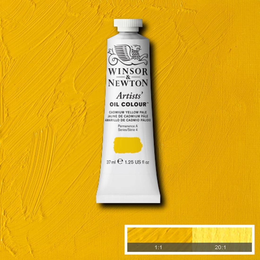 Tube of Cadmium Yellow Pale Winsor & Newton Artists' Oil Colour with a paint swatch for the background