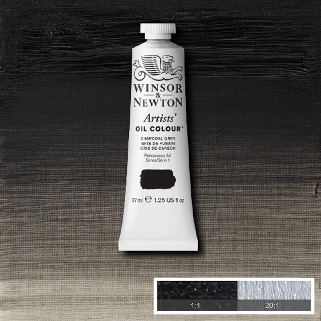 Tube of Charcoal Grey Winsor & Newton Artists' Oil Colour with a paint swatch for the background